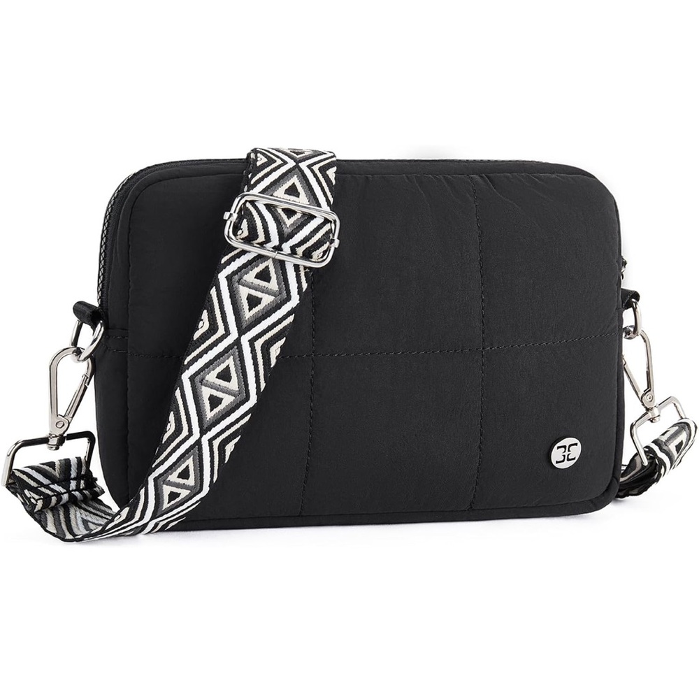 Black Crossbody Bag with Patterned Strap